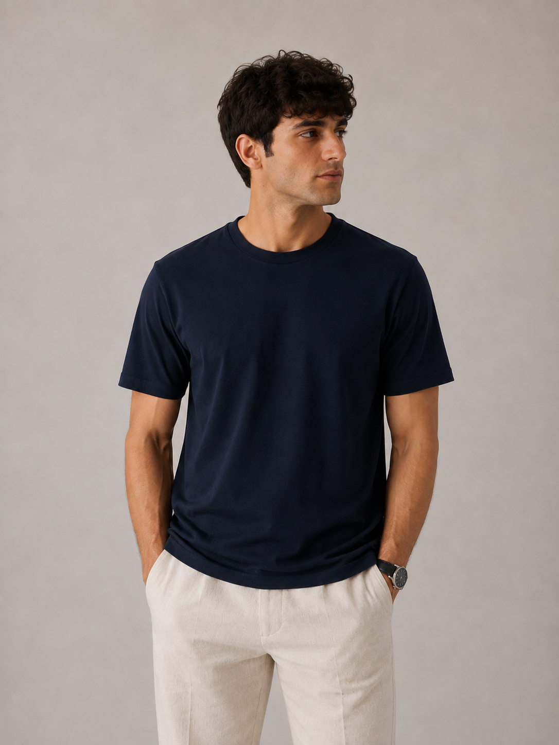 Men's midnight navy blue crew neck t-shirt in Supima stretch cotton, front studio view