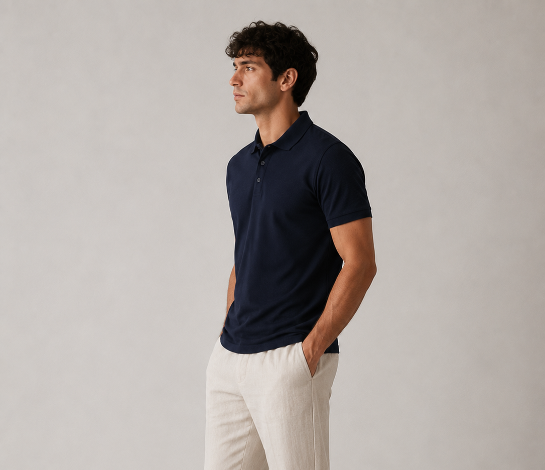 Men’s navy blue cotton polo shirt, three-quarter view on model, clean shoulder drape