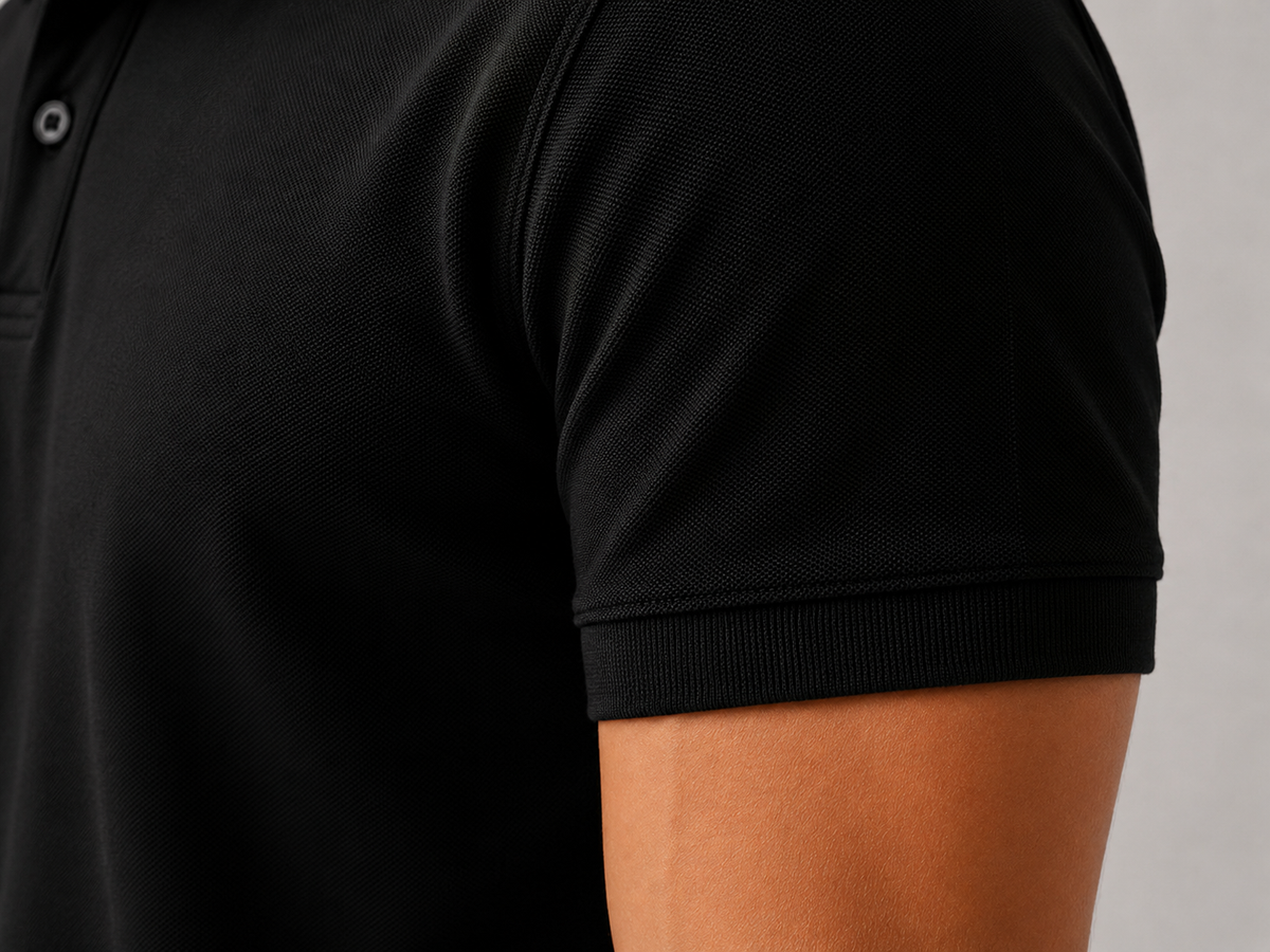 Men’s black Airtex piqué polo shirt, angled close-up view, 220 GSM cotton weave and collar detail