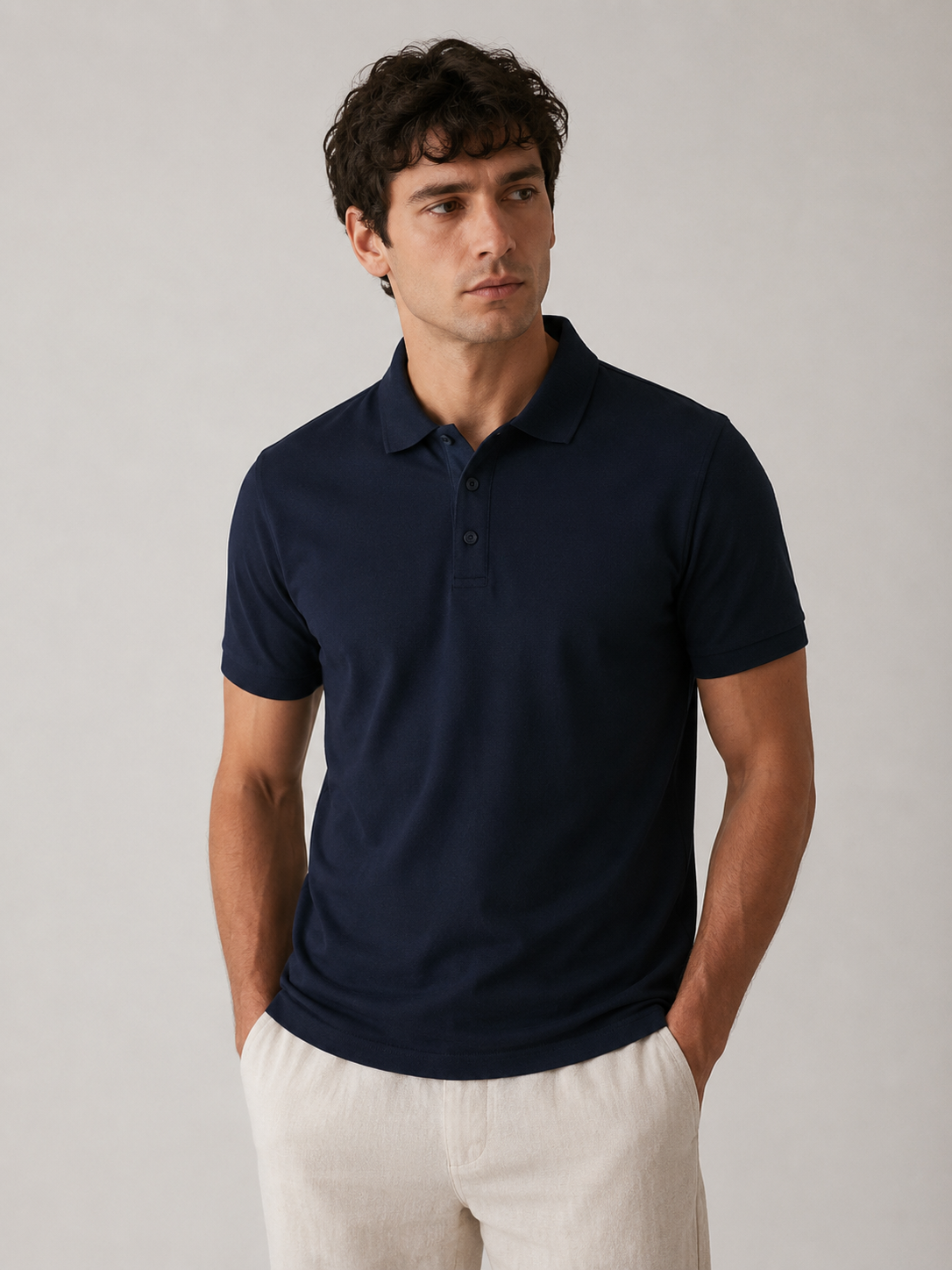 Men’s midnight navy Airtex polo shirt, front view on model, structured anti-curl collar