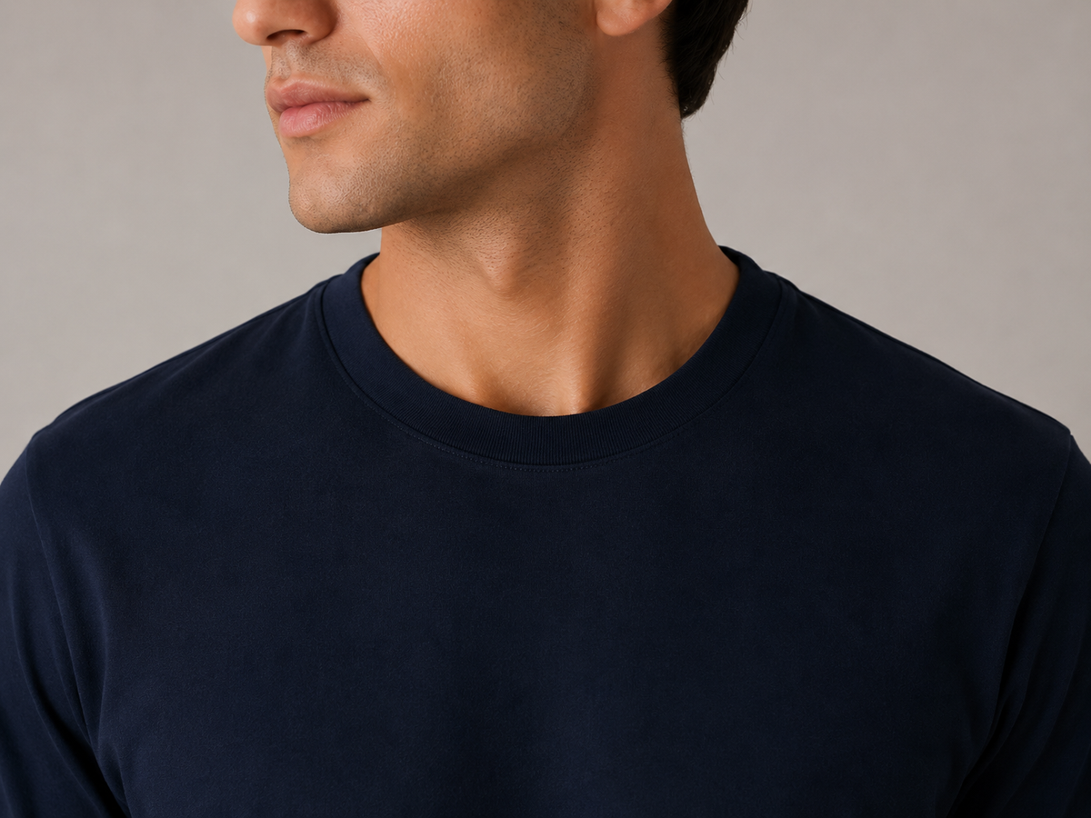 Men's navy blue crew neck t-shirt, close-up view of reinforced ribbed collar neckline