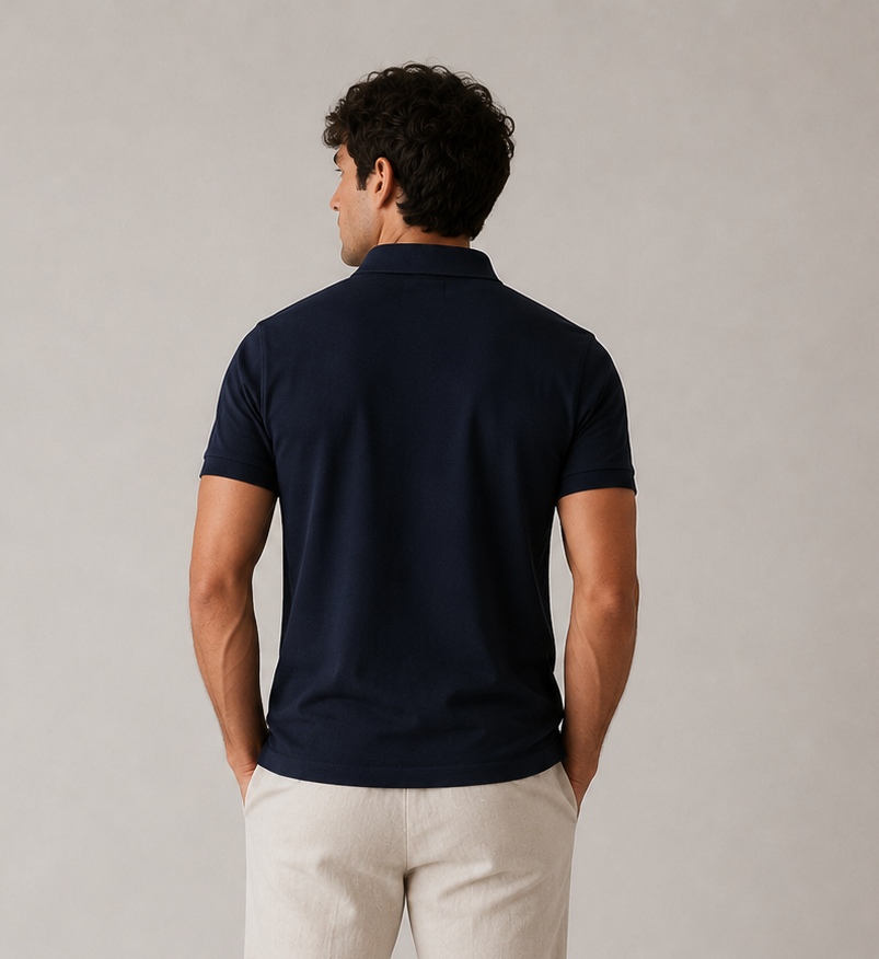 Men’s navy blue polo shirt, close-up detail view, breathable Airtex piqué texture and placket