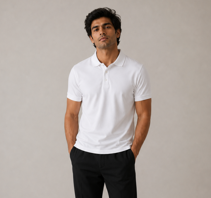 Men’s white Cotton Airtex polo shirt, front view on model, structured stay-flat collar