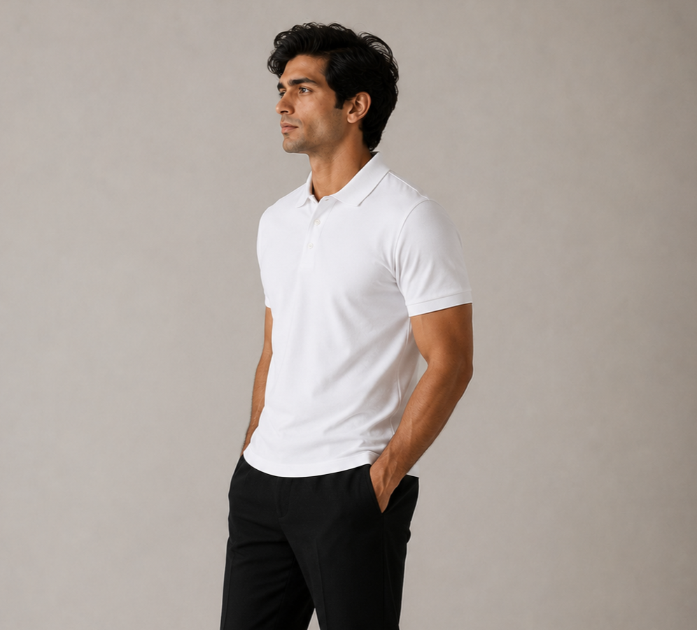 Men’s chalk white opaque polo shirt, side view on model, relaxed-tapered silhouette