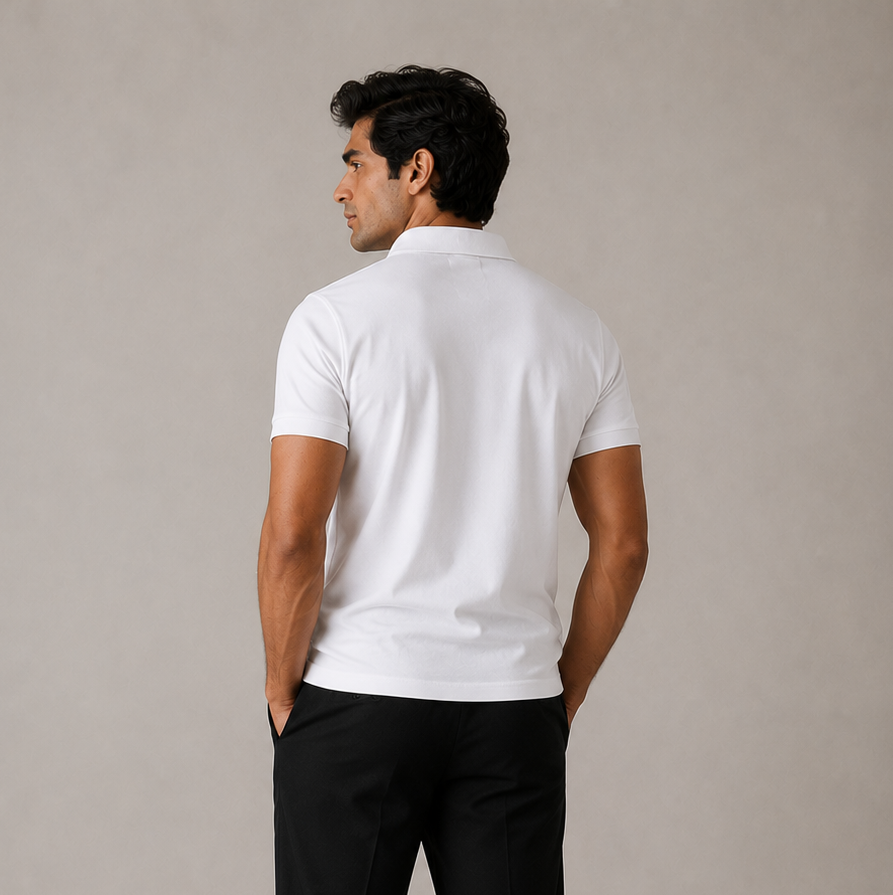 Men’s white cotton piqué polo shirt, close-up view, textured honeycomb knit and two-button placket