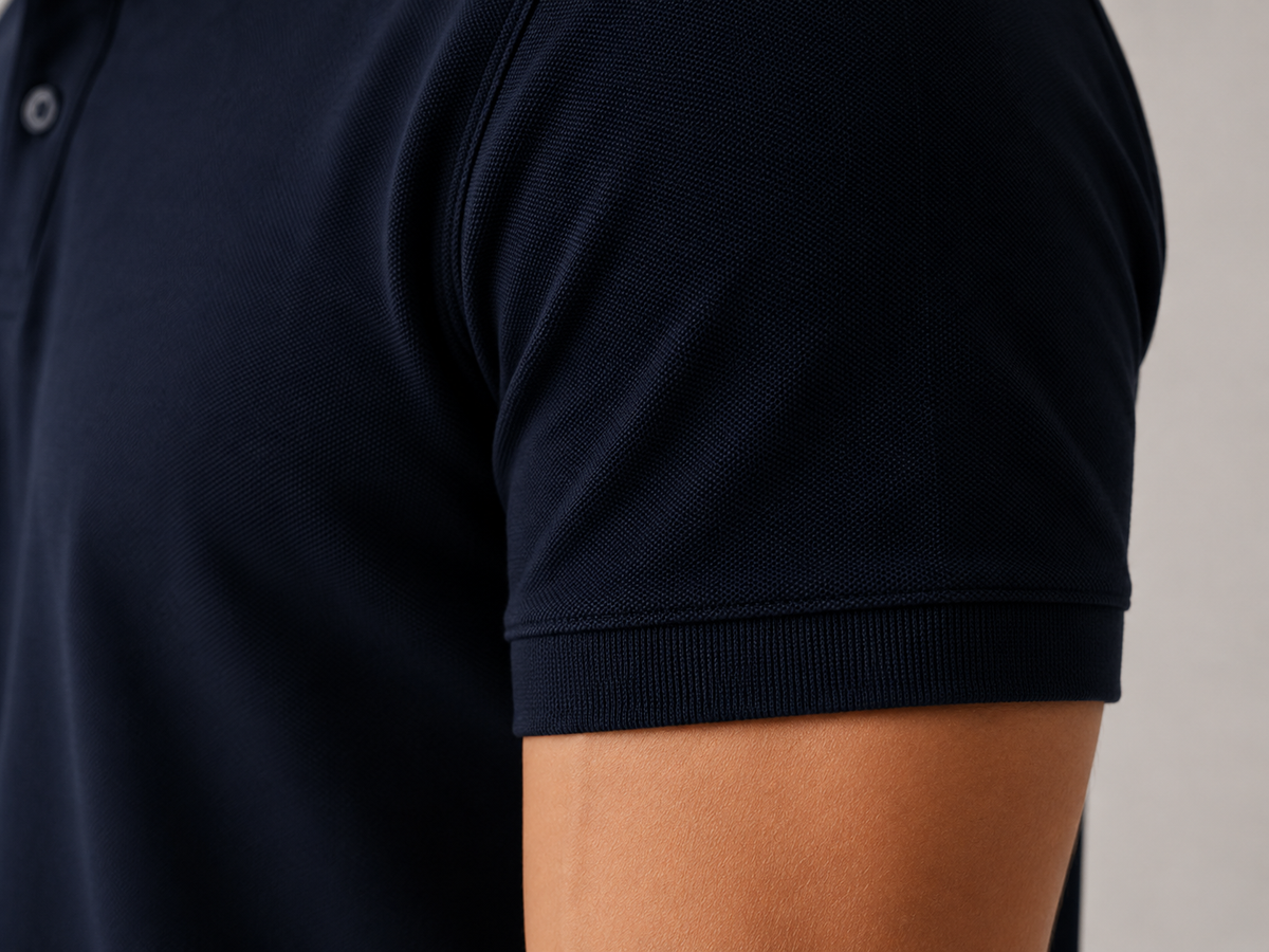 Men’s deep navy cotton polo shirt, angled studio view, heavyweight fabric body and ribbed cuffs