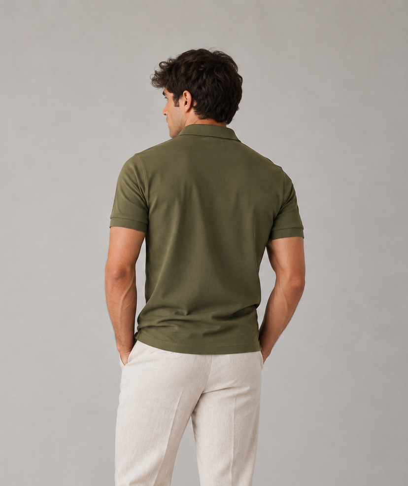 Men's olive green polo shirt, close-up view of architectural double-knit ribbed collar and placket