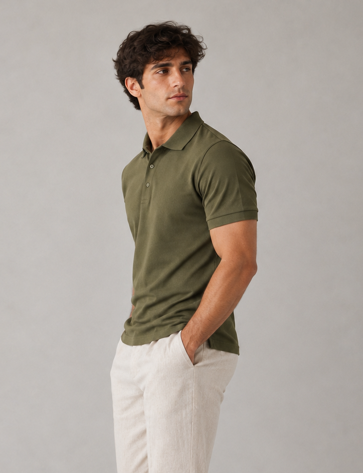 Men's olive green polo shirt, side angle view showing tailored relaxed-tapered silhouette
