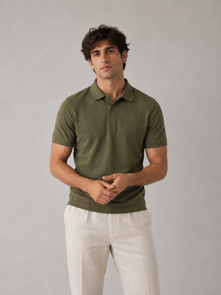 Men's olive green polo shirt in 100% Cotton Airtex, front studio view with anti-curl collar