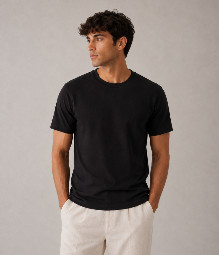 Men's obsidian black crew neck t-shirt in Supima stretch cotton, front studio view
