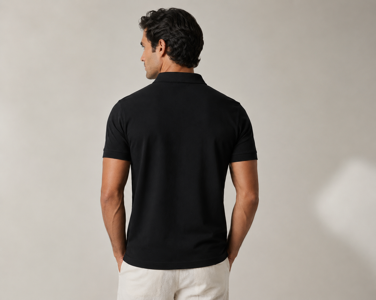 Men’s heavyweight black cotton polo shirt, back view, clean tailored shoulder construction