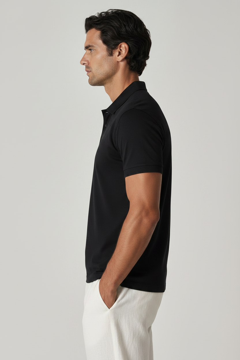 Men’s obsidian black polo shirt, side view on model, relaxed-tapered fit and ribbed cuffs